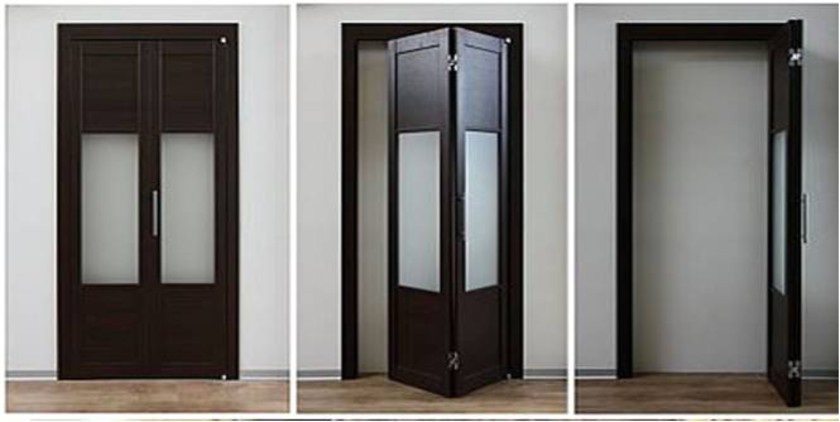 Шпонированные двери гармошка с матовыми стеклянными вставками Тихорецк